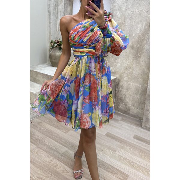 Women's Slant Shoulder Printed Zipper Party Dress - Image 2