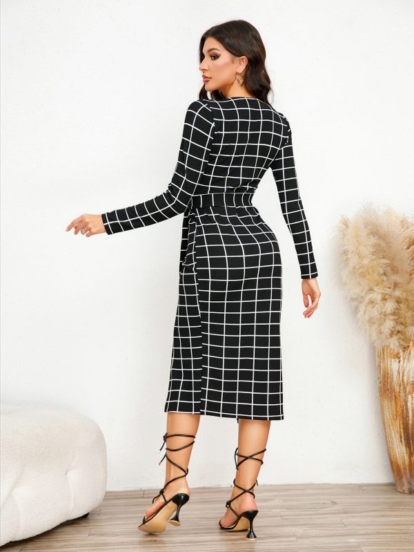 Summer Women’s Elegant Steel Ring Tied Slim Fit Plaid Long Sleeve Dress - Image 2