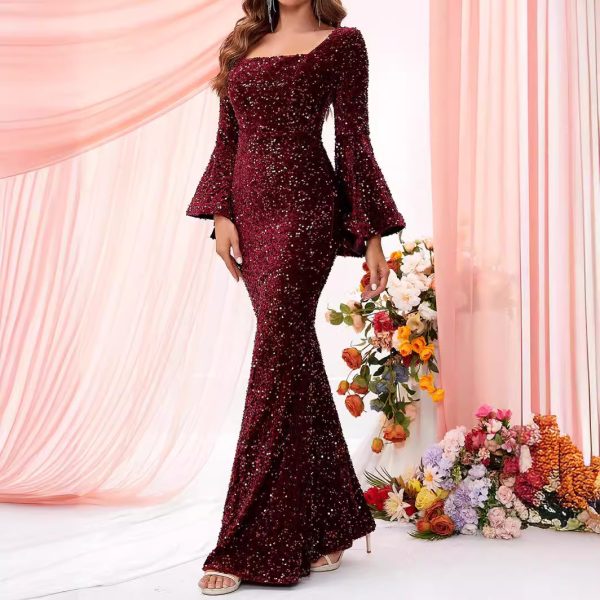 Sexy Square Neck Bell Sleeve Burgundy Dinner Dress - Image 3