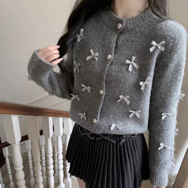 Women's 3D Bow Round Neck Knitted Cardigan Sweater