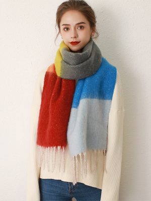 Women’s Contrast Striped Mohair Scarf Thickened Winter Tassel Wrap