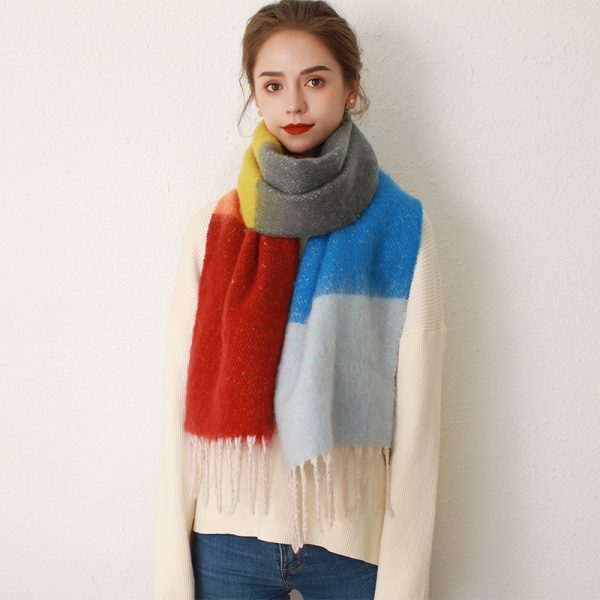 Women’s Contrast Striped Mohair Scarf Thickened Winter Tassel Wrap