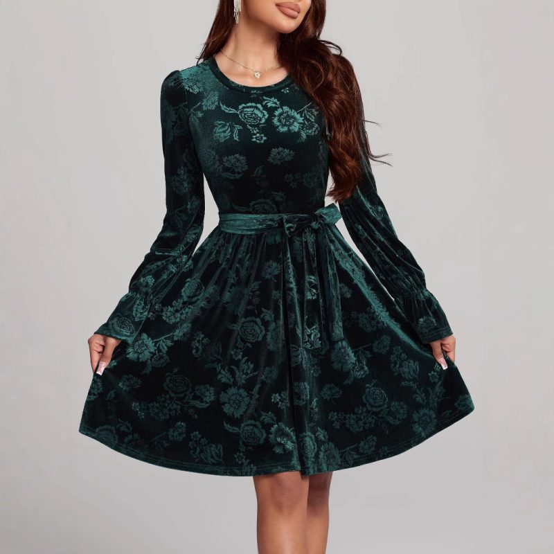 Autumn Winter Long Sleeve Pleuche Dress - Printed Women's Dress - Image 3