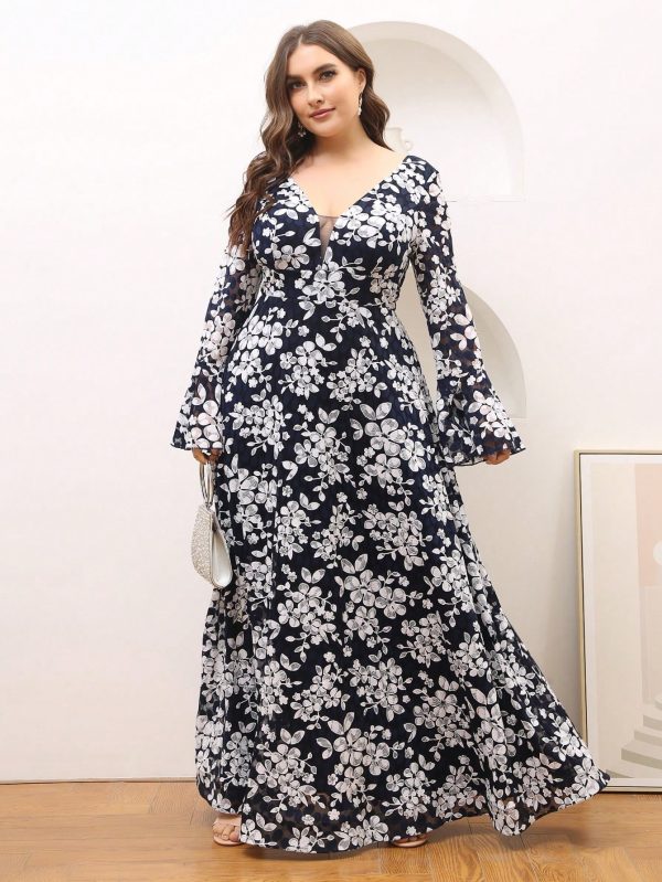 Plus Size Winter Floral Long Sleeve Slim Fit Flared Sleeves Dress - Image 2