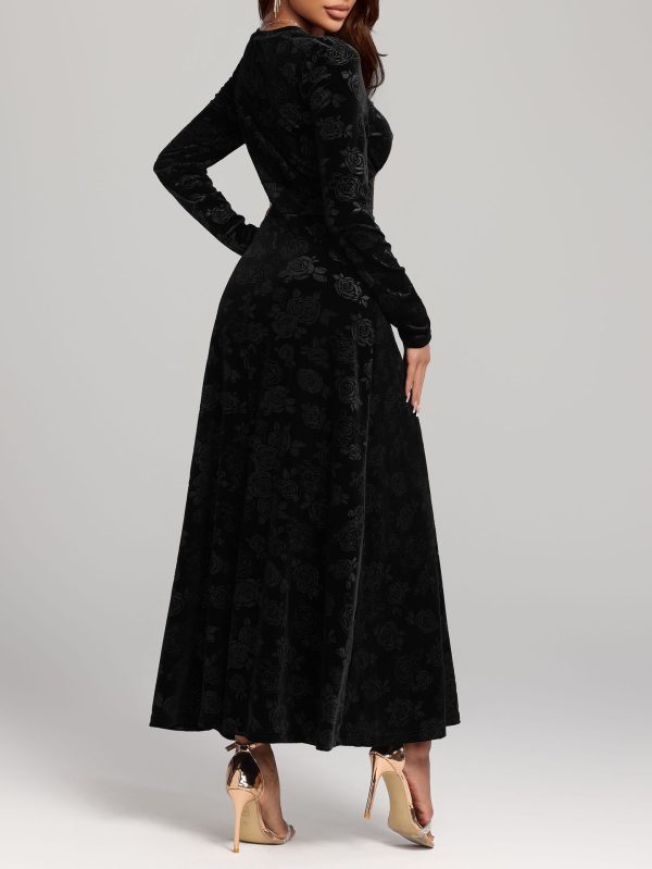 Autumn Winter Sexy V-Neck Long Sleeve Pleuche Maxi Dress - Image 2