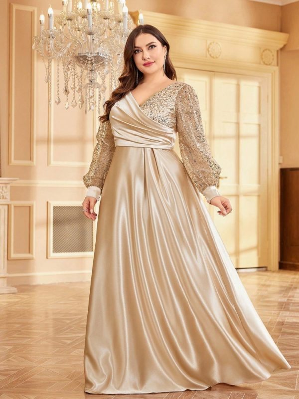 Plus Size Satin V-Neck Sequin Maxi Cocktail Evening Dress - Image 2