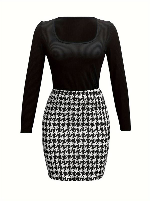 Knitted Long Sleeve Bottoming Shirt & Printed Sheath Skirt Set - Image 3