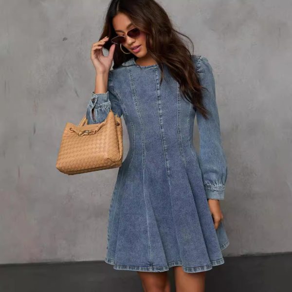 Women's Patchwork Denim Long Sleeve Dress - Image 2