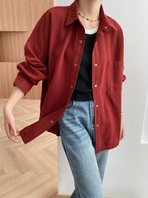 Women’s Red Washed Cotton Shacket – Loose Fit Casual Office Style