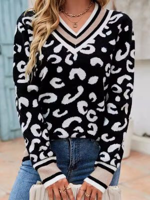 Autumn Winter Striped V-Neck Leopard Print Knitted Sweater