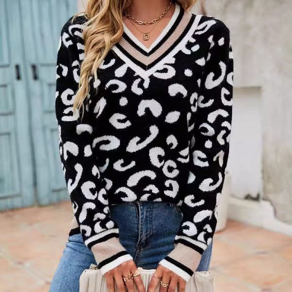 Autumn Winter Striped V-Neck Leopard Print Knitted Sweater