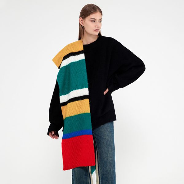 Women’s Contrast Color Knitted Scarf - Winter Korean Patchwork Stripes - Image 3