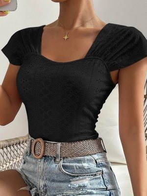 Women’s Summer Square Collar Backless Slim Fit Short Sleeve T-shirt