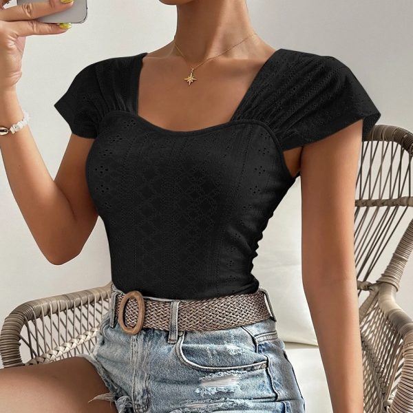 Women’s Summer Square Collar Backless Slim Fit Short Sleeve T-shirt