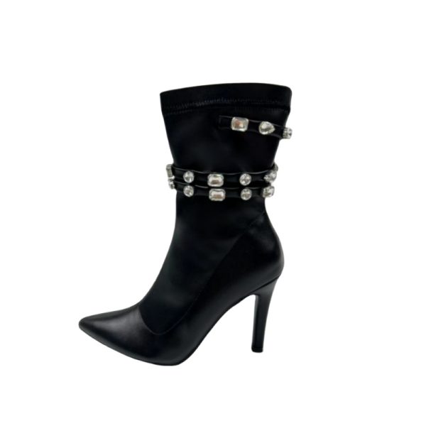 Pointed Toe Rhinestone Stiletto Mid-Calf Boots with Side Zipper - Image 5