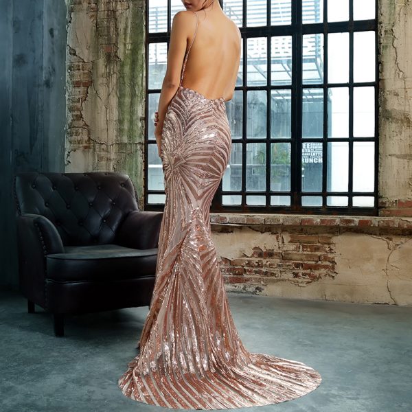 Gold Open Back Strap Dress - Deep V Plunge Neck Sexy Evening Wear - Image 3