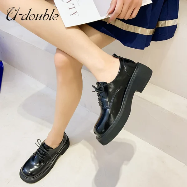 Women Pumps Genuine Leather New 2022 Platform Lace-Up Round Toe Office - Image 2