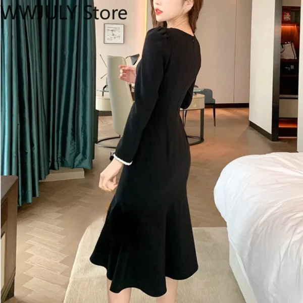 Korea Fashion Black Elegant Dress Office Lady 2025 Autumn Vintage Midi Dress - Image 2