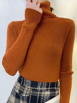 Women Pullover Turtleneck Sweater Autumn Long Sleeve Slim Elastic Korean