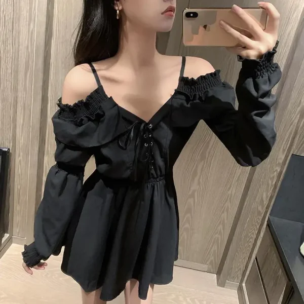 Women Casual Button Lace Evening Party Sexy Mini Dress Female Long Sleeve - Image 6