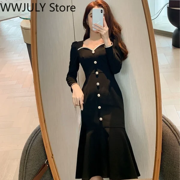 Korea Fashion Black Elegant Dress Office Lady 2025 Autumn Vintage Midi Dress - Image 6