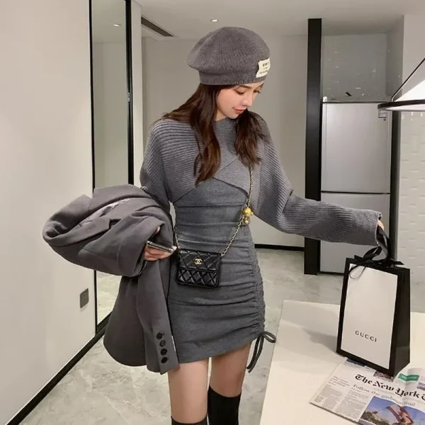 Elegant Vintage Knitted Dress Women Casual Sweater Suits Slim - Image 3