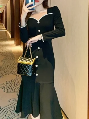 Korea Fashion Black Elegant Dress Office Lady 2025 Autumn Vintage Midi Dress