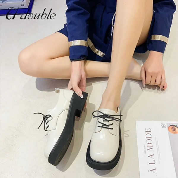 Women Pumps Genuine Leather New 2022 Platform Lace-Up Round Toe Office - Image 4