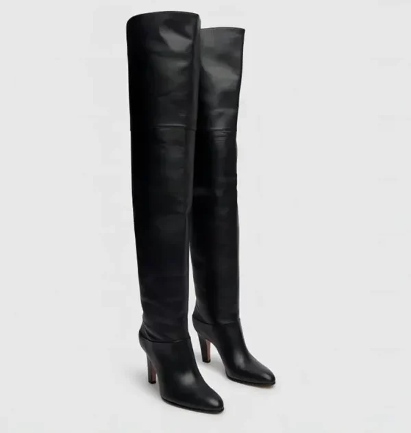 Women's Leather Thick High Heels Knee High Boots Autumn and Winter Round Toe Thigh Boots - Image 5