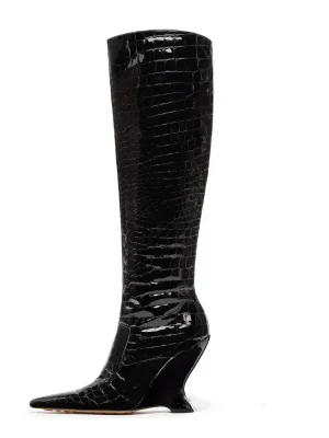 High Heel Knee Long Boots with Lacquer Leather Stone Pattern Side Zipper Large Women’s Boots