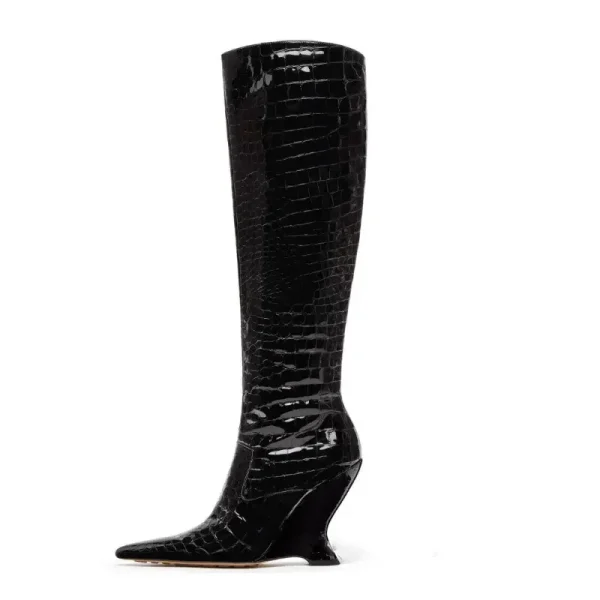 High Heel Knee Long Boots with Lacquer Leather Stone Pattern Side Zipper Large Women's Boots