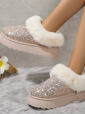 Faux Fur Winter Boots Women Fashion Sequined Cloth Warm Snow Boots