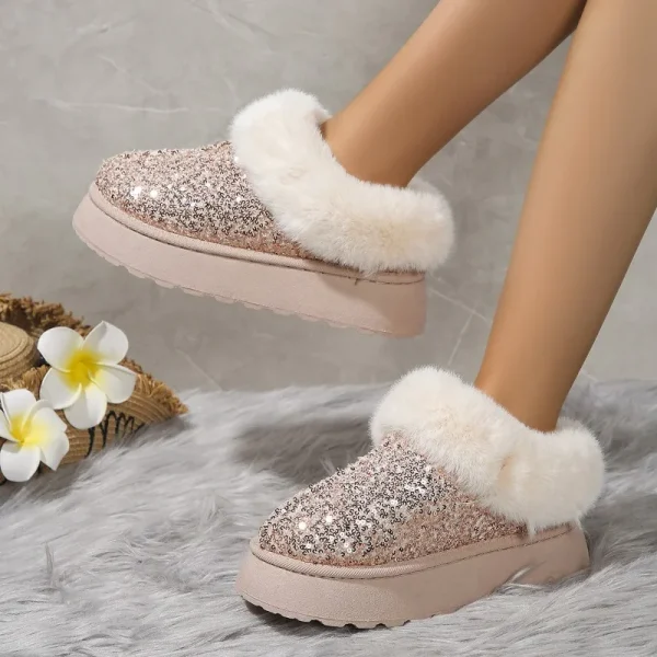 Faux Fur Winter Boots Women Fashion Sequined Cloth Warm Snow Boots