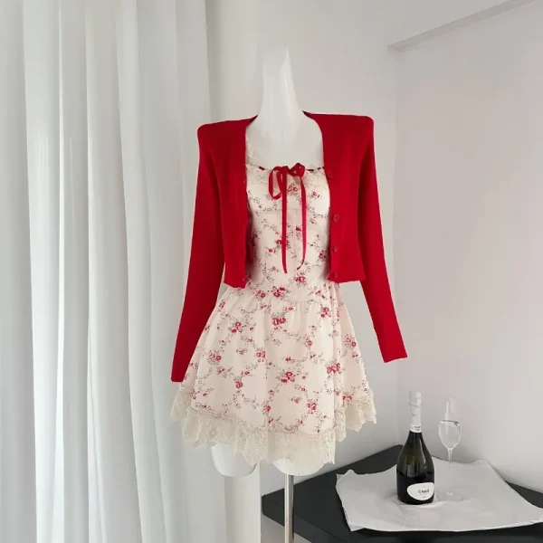 Sweet Floral Dress Set Woman Casual Red Short Cardigan Elegant Lace - Image 4