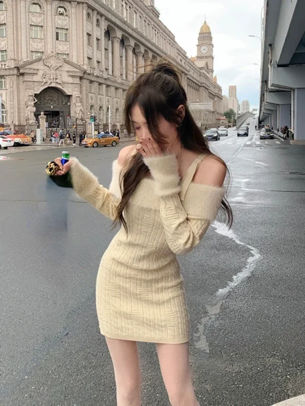 Knitted Dress Woman Chic Korean Fashion Short Party Dress - Image 3