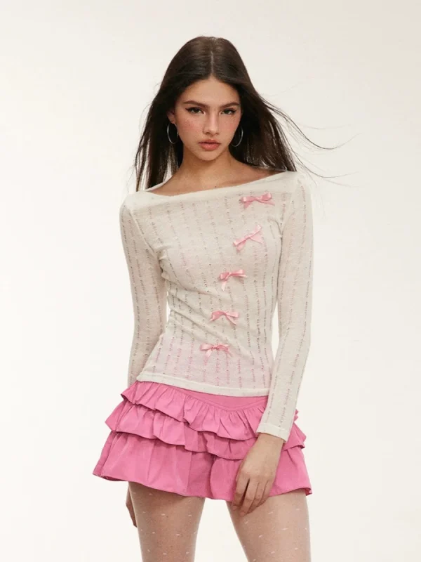 Basic Thin Knitted Tops Casual Long Sleeve Bow Blouse Hot Girls Outwear