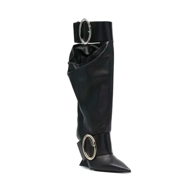 Women's Belt Buckle Knee Length Women's Boots Fashion Pointed Shaped High Heel - Image 3