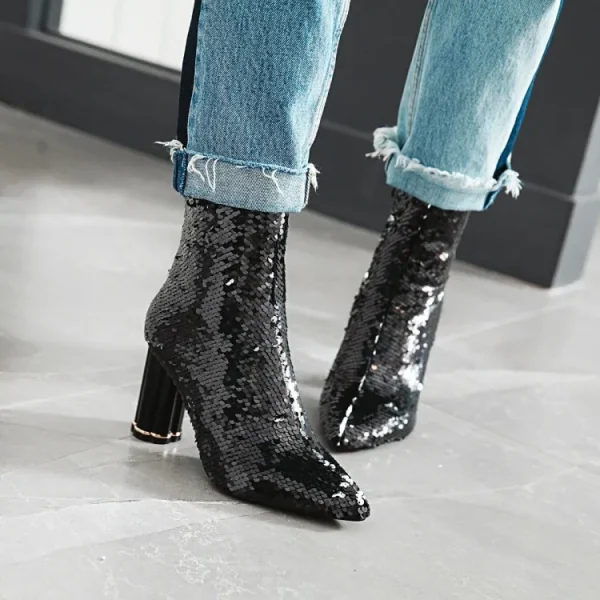 Women's Shoes Crystal High-heeled Pointed Boots Discoloration Sequins Thick Hee