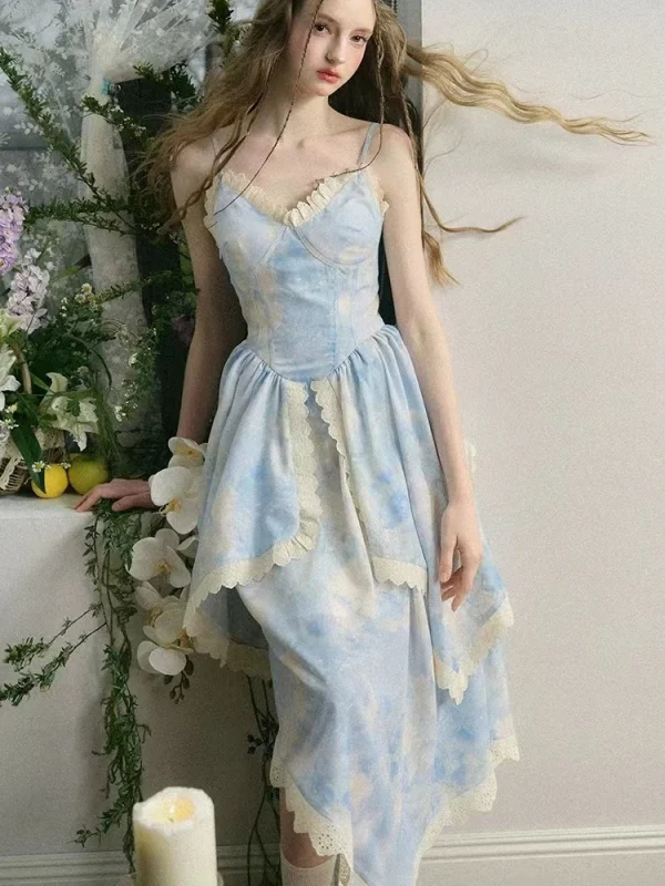 Woman Holiday Sleeveless Evening Party Dress Korean Fashion Irregular Lace Dress - Image 4