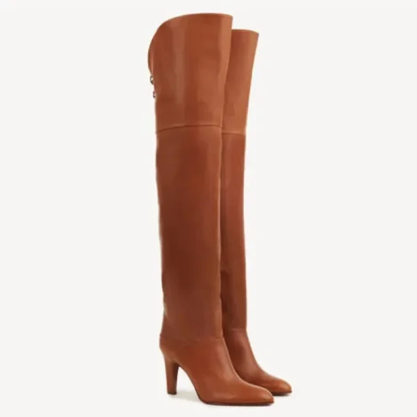 Women's Leather Thick High Heels Knee High Boots Autumn and Winter Round Toe Thigh Boots - Image 4