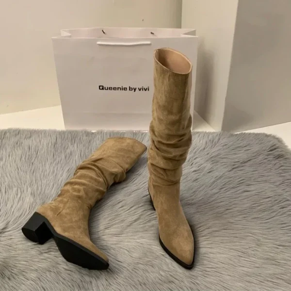 Slimming Women's Boots Fleece-lined Knight Boots High Heel Women's Shoes Petite Khaki Long - Image 3