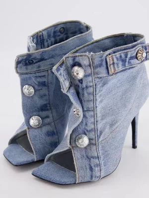 Women’s Summer European and American Vintage Denim Slim High Heel Button Sandals