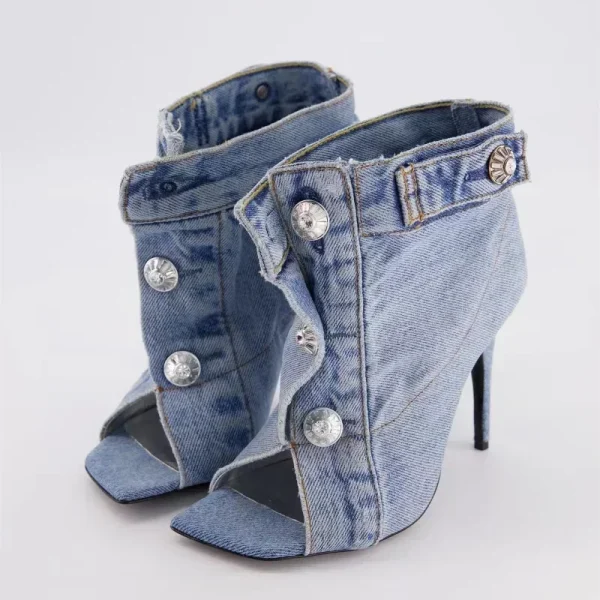 Women's Summer European and American Vintage Denim Slim High Heel Button Sandals