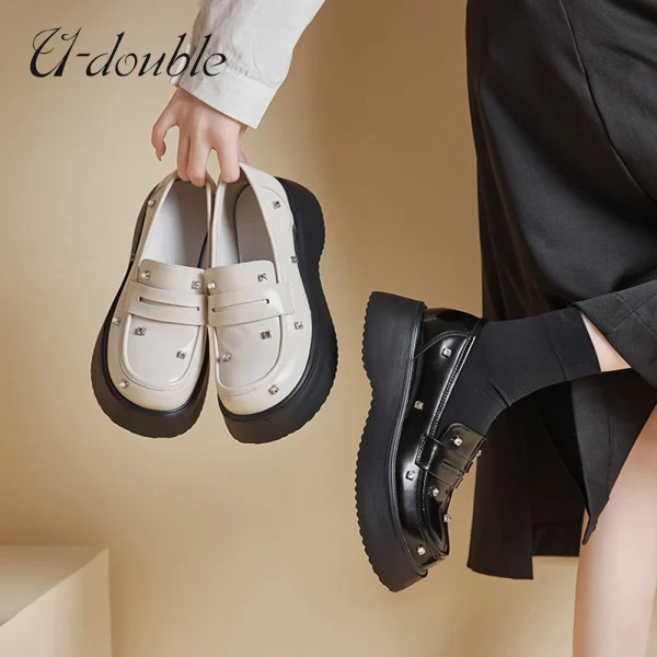 Women New Genuine Leather Platform Loafers Shoes Pumps Wedge Thick Sole Shin - Image 2