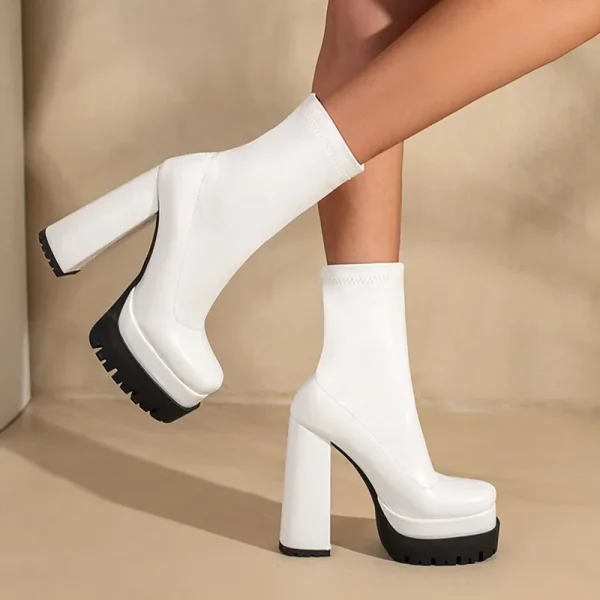 Women's Thick-soled Square Toe Ankle Boots Black and White Thick-soled Motorcycle - Image 5