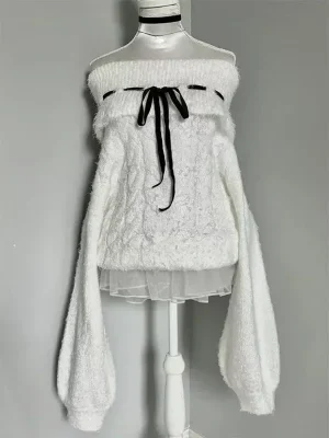 Sweet Off-shoulder Knitted Sweater Women's Pullover New Lace-up Bow Design
