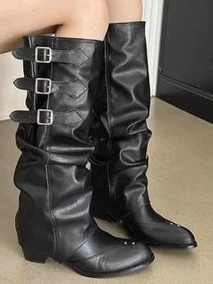 Motorcycles Western Boots for Women Black Rivets Knee High Boot Shoes