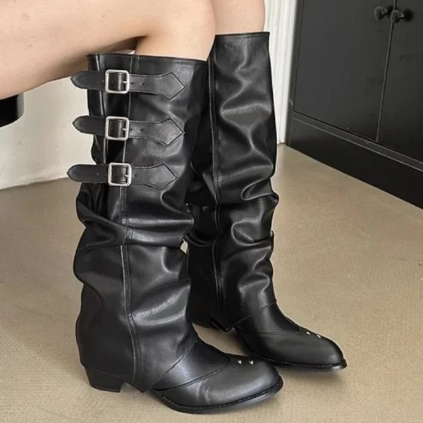 Motorcycles Western Boots for Women Black Rivets Knee High Boot Shoes