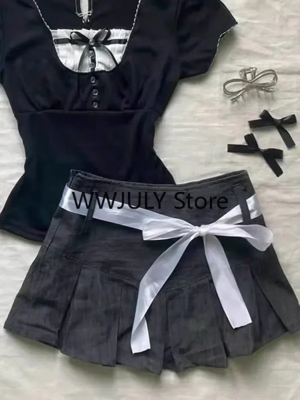 Sexy Slim Streetwear Bow Mini Skirts Emo Girl Gothic Women Clothes Vintage Femme - Image 4