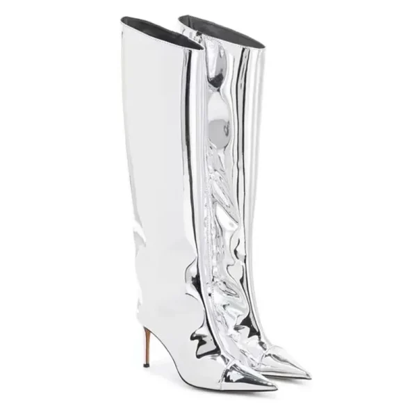 Women's Boots Patent Leather High Heel Boots Leopard Print Knee Boots - Image 15